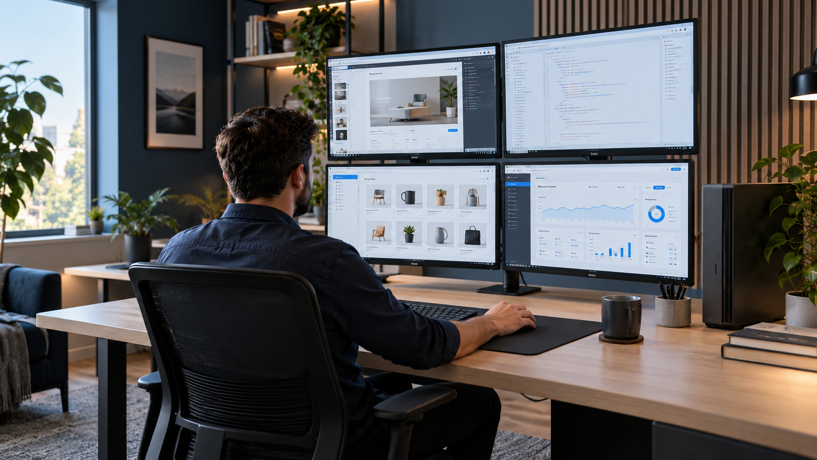 Illustrative workspace with a person developing websites and managing online retail and business systems across four monitors.