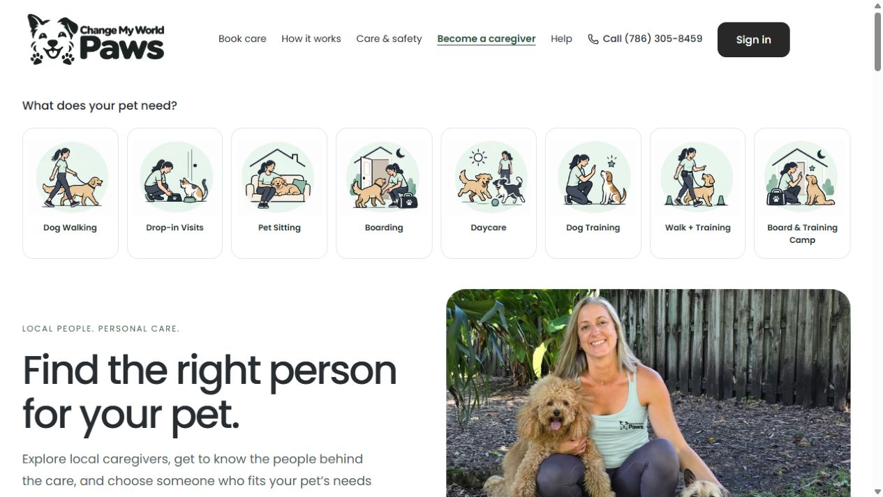 The public Change My World Paws website, with pet-care services and its main introduction.